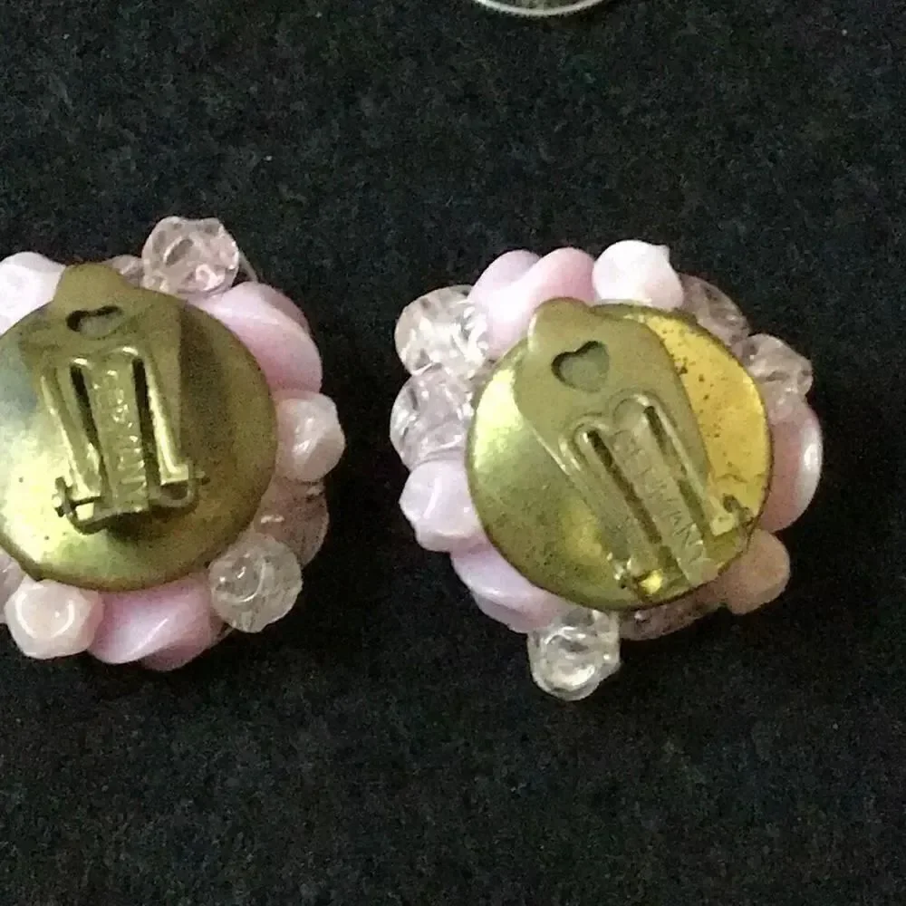 Earrings, vintage post, WWII Japan made pink pearl like flower
